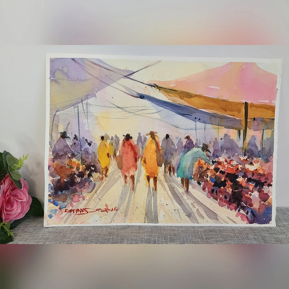 Original Watercolor Painting 'Tuesday Market San Miguel' 2005, Signed - Picture 1 of 6